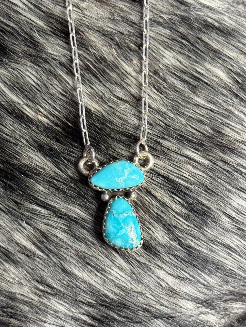 Sterling Silver white water Turquoise 2 stone Pendant Necklace - Blue Stone